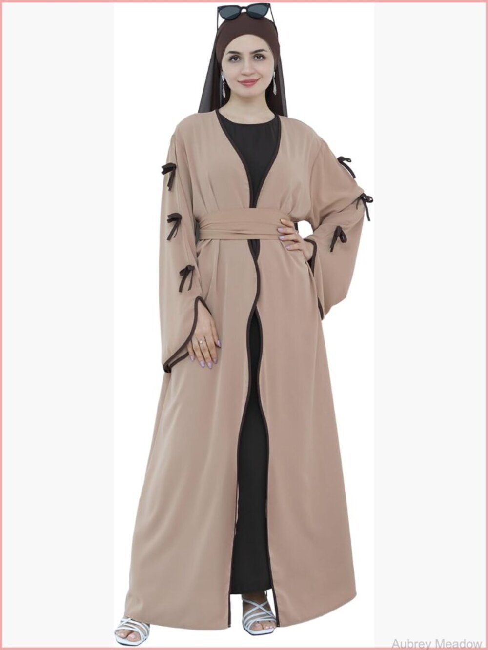 Flowy Muslim Cardigan with Belt Bow Accents Open Front Abaya
